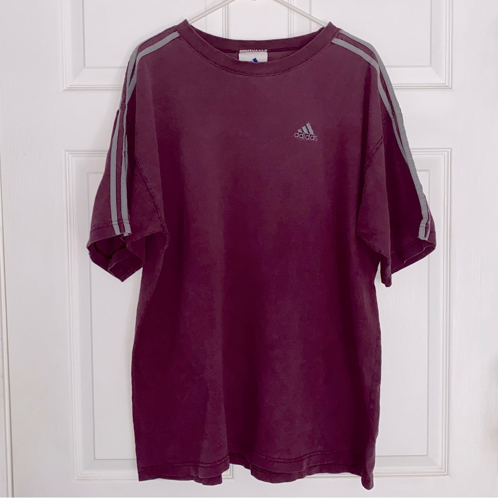Retro Adidas Classic 3 Stripes Tee Shirt and Embroidered Logo Maroon Grey XL